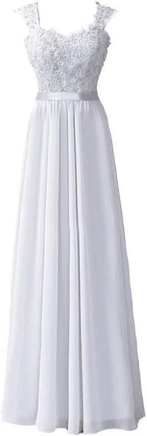 Women's Long Shoulder Straps Lace Chiffon Prom Formal Evening Dress