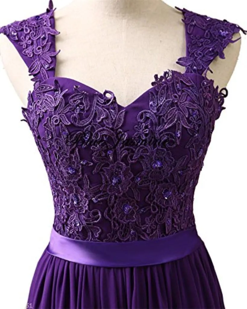 Women's Long Shoulder Straps Lace Chiffon Prom Formal Evening Dress