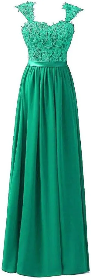 Women's Long Shoulder Straps Lace Chiffon Prom Formal Evening Dress