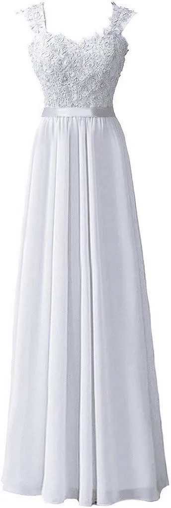 Women's Long Shoulder Straps Lace Chiffon Prom Formal Evening Dress