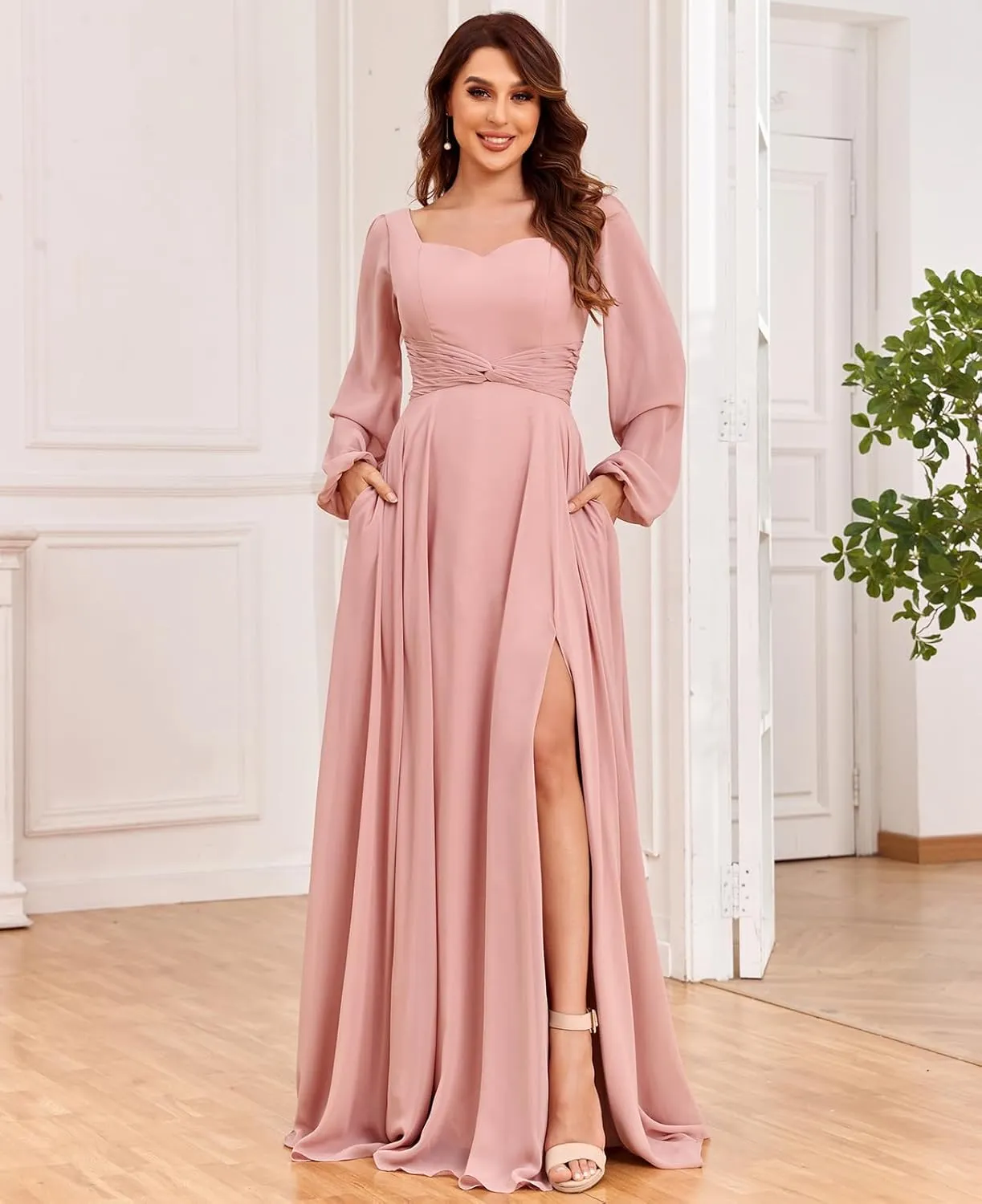 Women's Long Sleeve Bridesmaid Dresses with Pockets Split Pleated Chiffon Formal Evening Party Gown