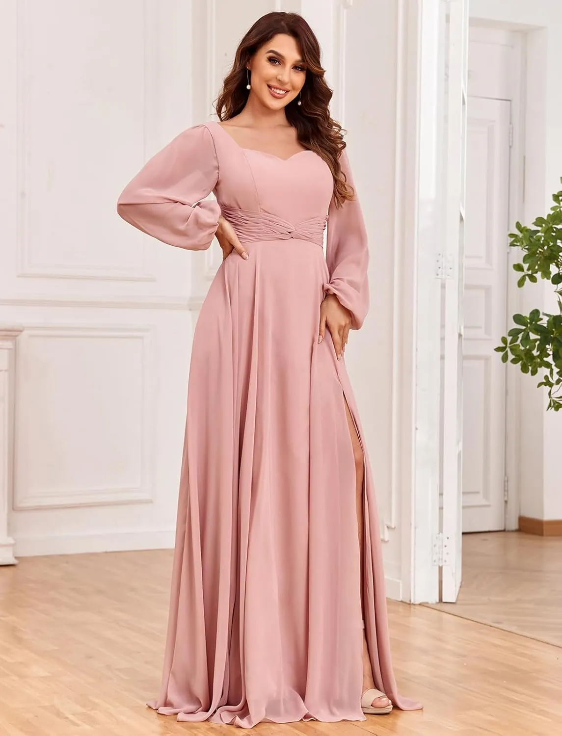 Women's Long Sleeve Bridesmaid Dresses with Pockets Split Pleated Chiffon Formal Evening Party Gown