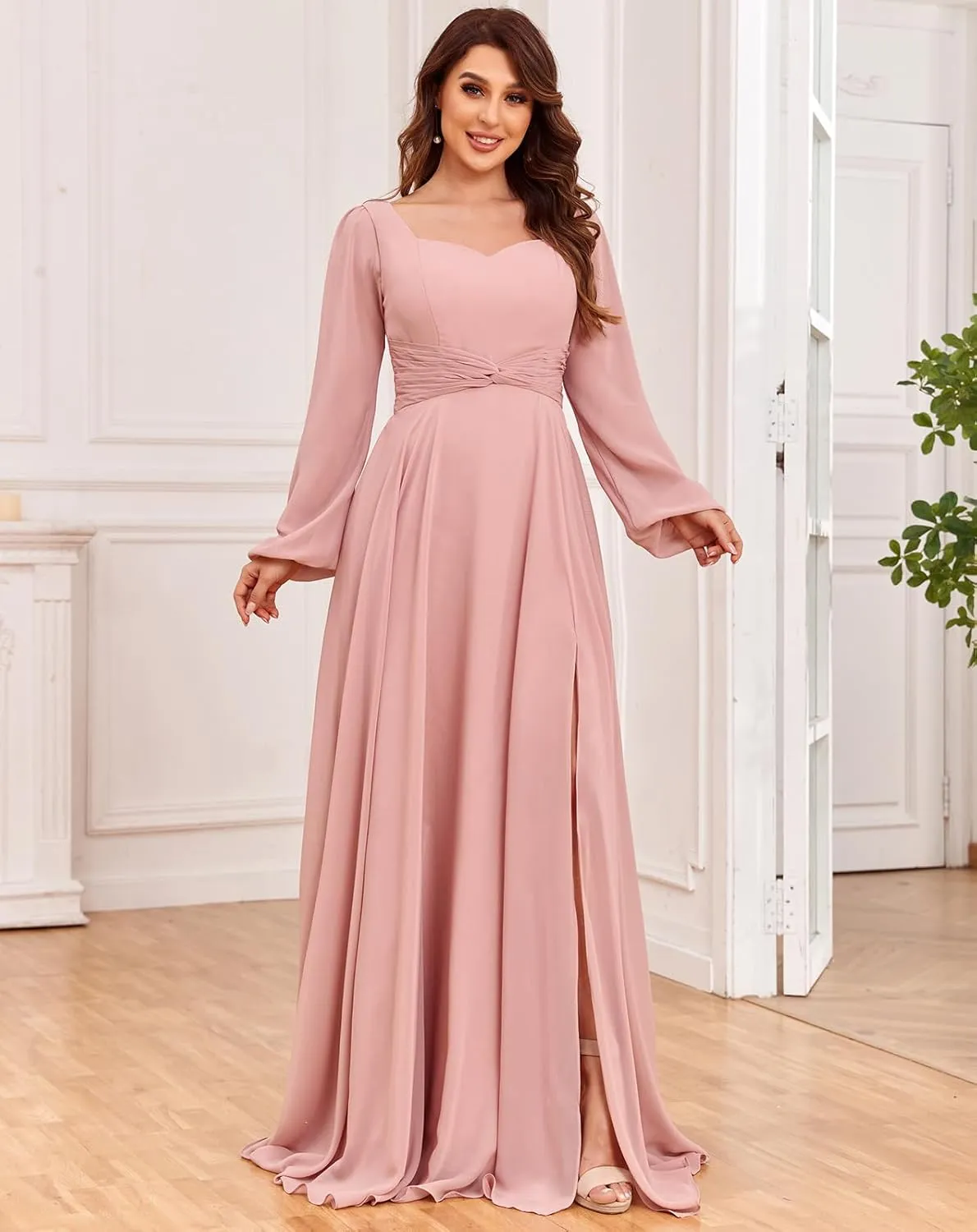 Women's Long Sleeve Bridesmaid Dresses with Pockets Split Pleated Chiffon Formal Evening Party Gown
