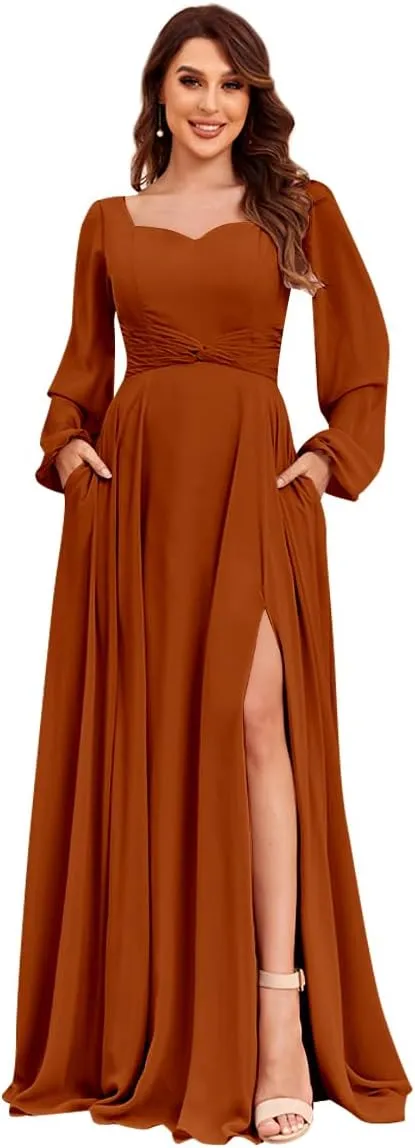 Women's Long Sleeve Bridesmaid Dresses with Pockets Split Pleated Chiffon Formal Evening Party Gown