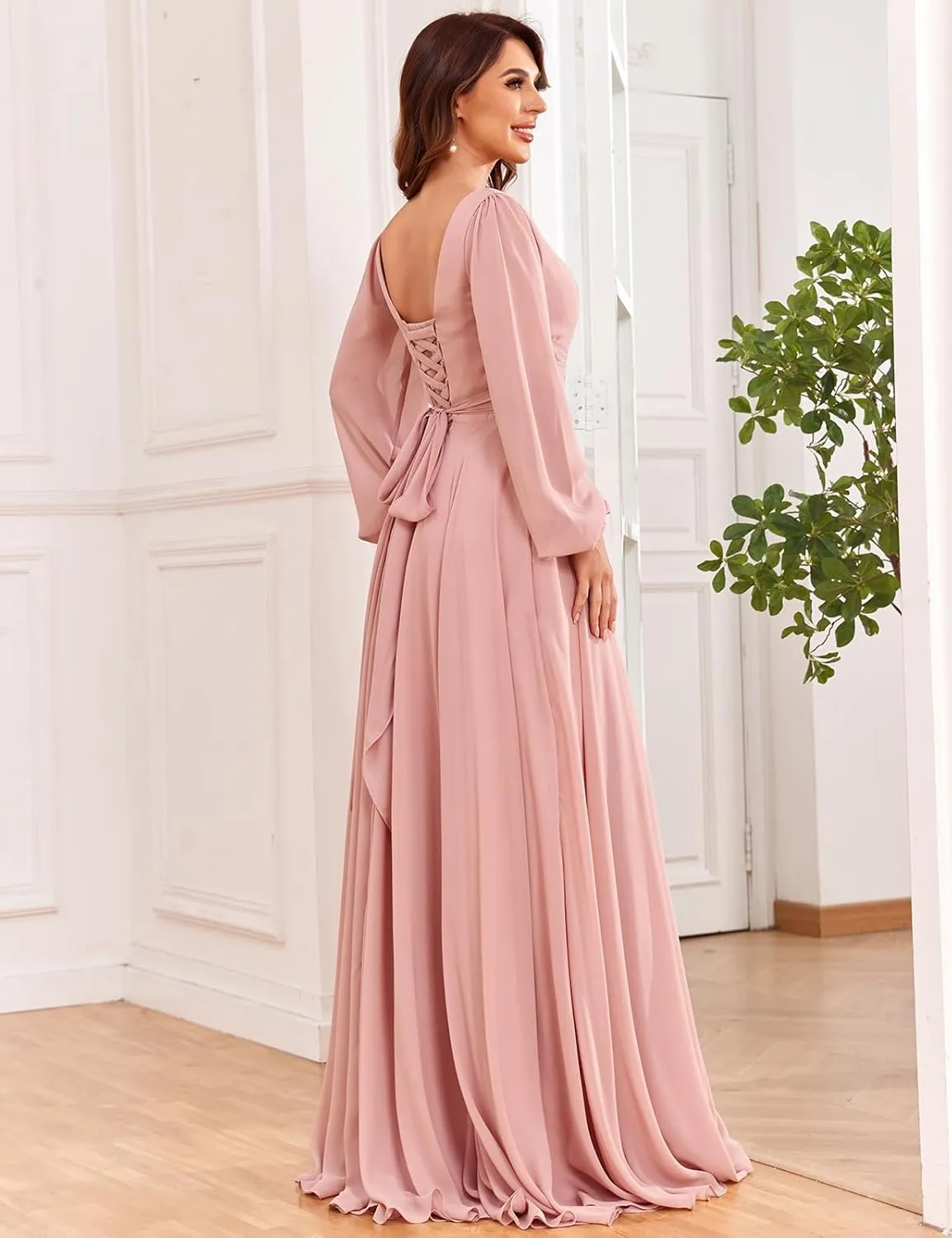 Women's Long Sleeve Bridesmaid Dresses with Pockets Split Pleated Chiffon Formal Evening Party Gown