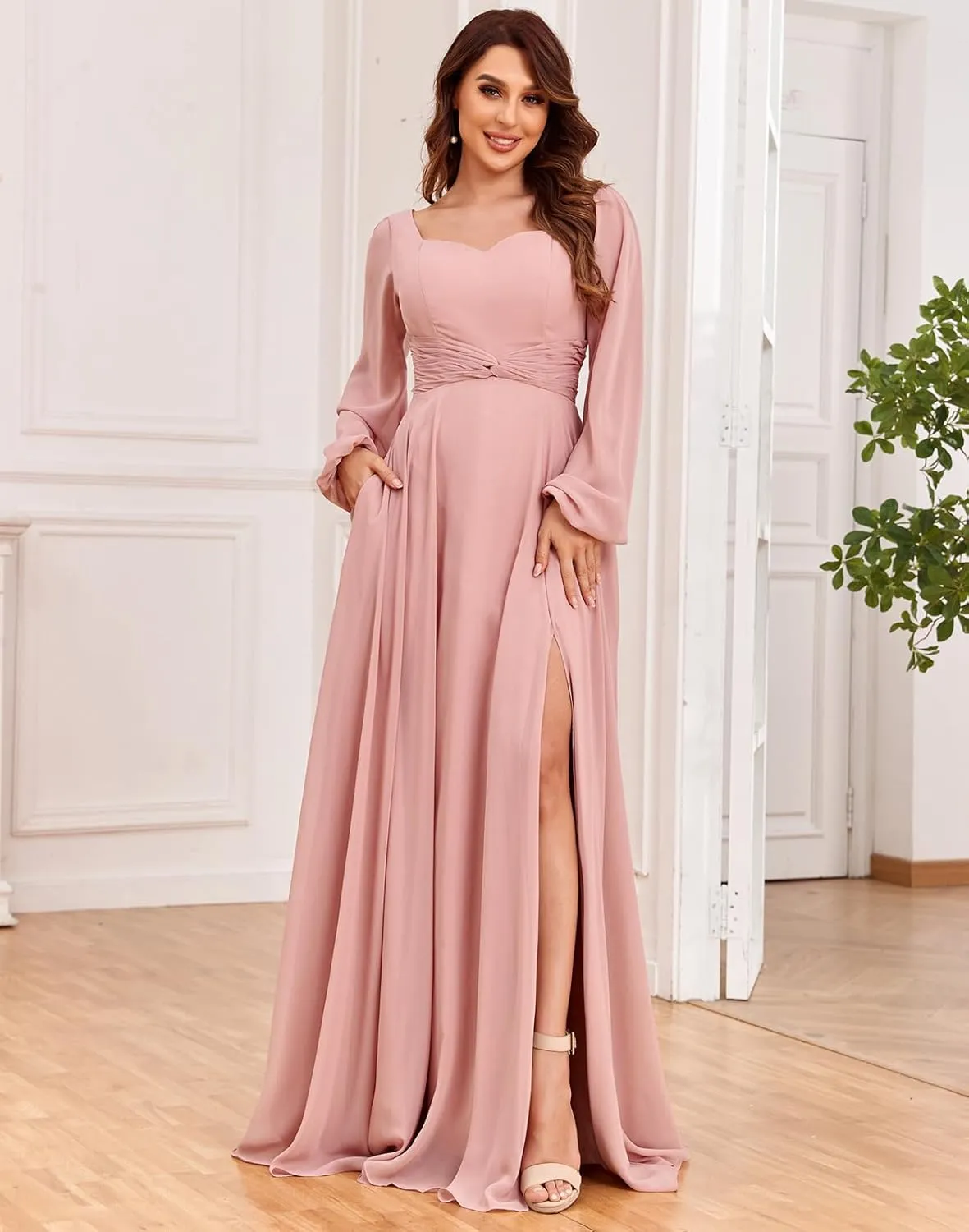 Women's Long Sleeve Bridesmaid Dresses with Pockets Split Pleated Chiffon Formal Evening Party Gown