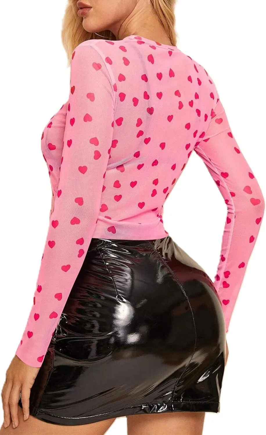 Women's Long Sleeve Checkered Print Sexy See Through Sheer Mesh Crop Top Tee T Shirts
