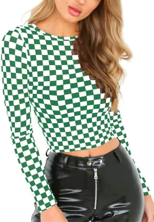 Women's Long Sleeve Checkered Print Sexy See Through Sheer Mesh Crop Top Tee T Shirts