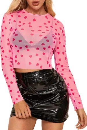 Women's Long Sleeve Checkered Print Sexy See Through Sheer Mesh Crop Top Tee T Shirts