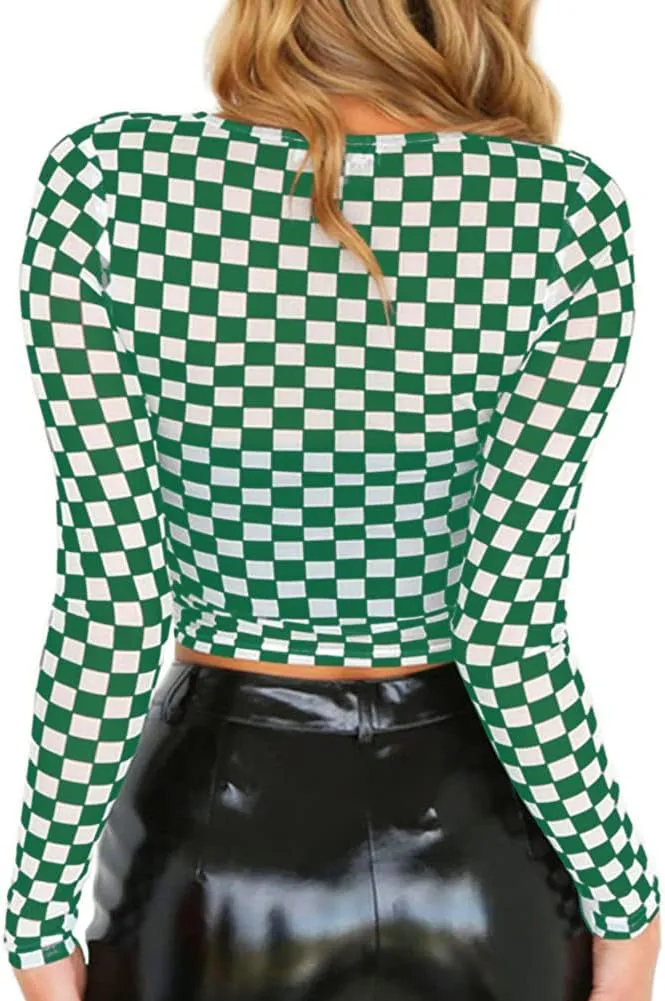 Women's Long Sleeve Checkered Print Sexy See Through Sheer Mesh Crop Top Tee T Shirts