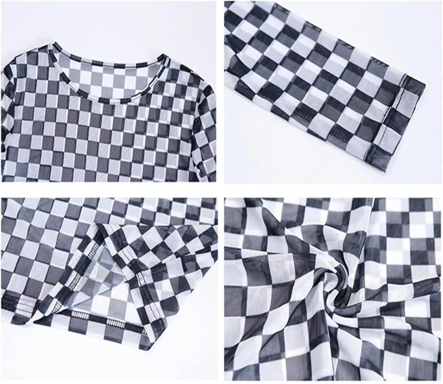 Women's Long Sleeve Checkered Print Sexy See Through Sheer Mesh Crop Top Tee T Shirts