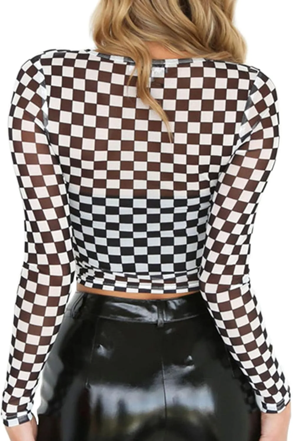 Women's Long Sleeve Checkered Print Sexy See Through Sheer Mesh Crop Top Tee T Shirts