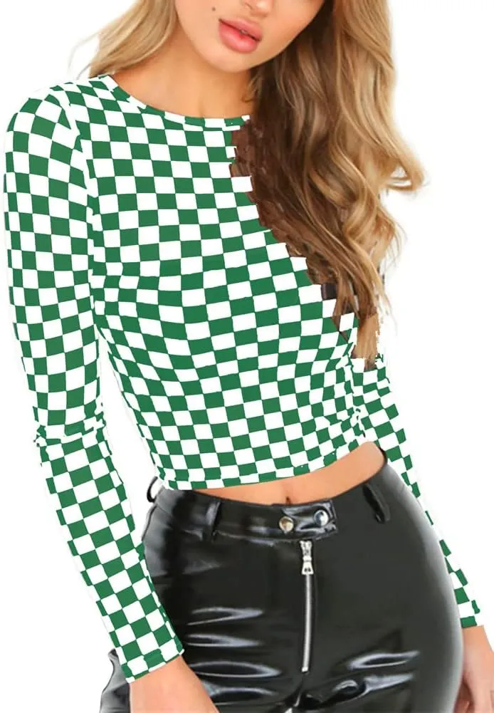 Women's Long Sleeve Checkered Print Sexy See Through Sheer Mesh Crop Top Tee T Shirts
