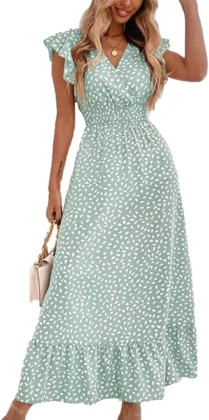 Womens Maxi Dress Ruffle Petal Short Sleeve V Neck Floral Summer Beach Holiday Sundress Casual Long Dress