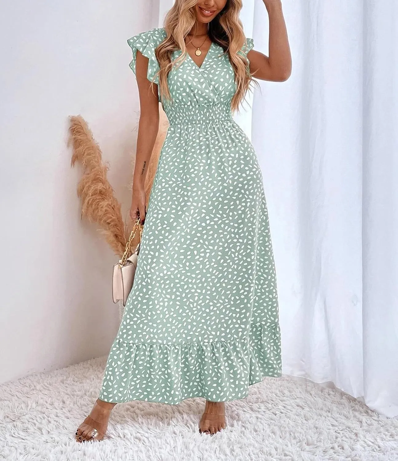 Womens Maxi Dress Ruffle Petal Short Sleeve V Neck Floral Summer Beach Holiday Sundress Casual Long Dress
