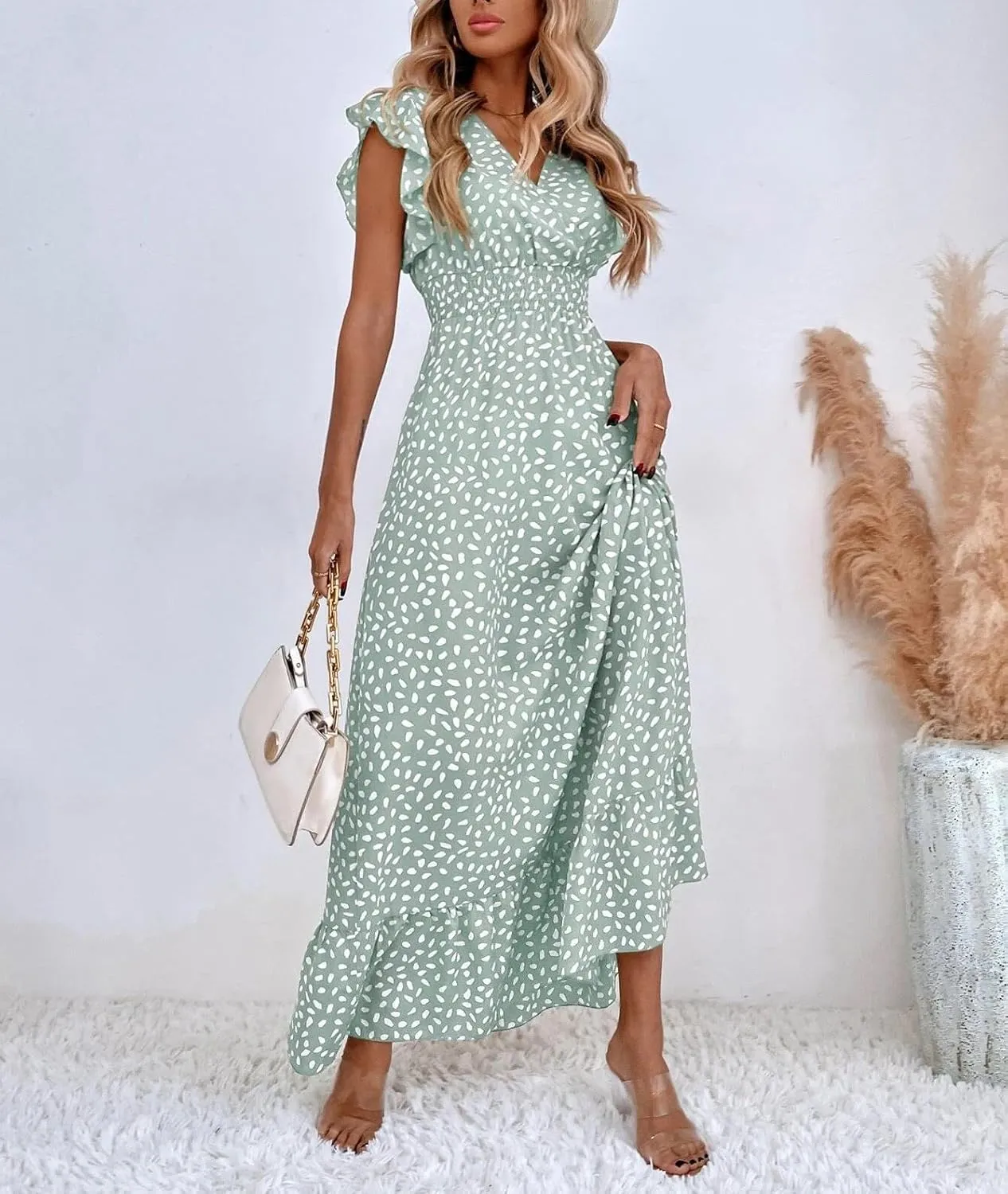 Womens Maxi Dress Ruffle Petal Short Sleeve V Neck Floral Summer Beach Holiday Sundress Casual Long Dress