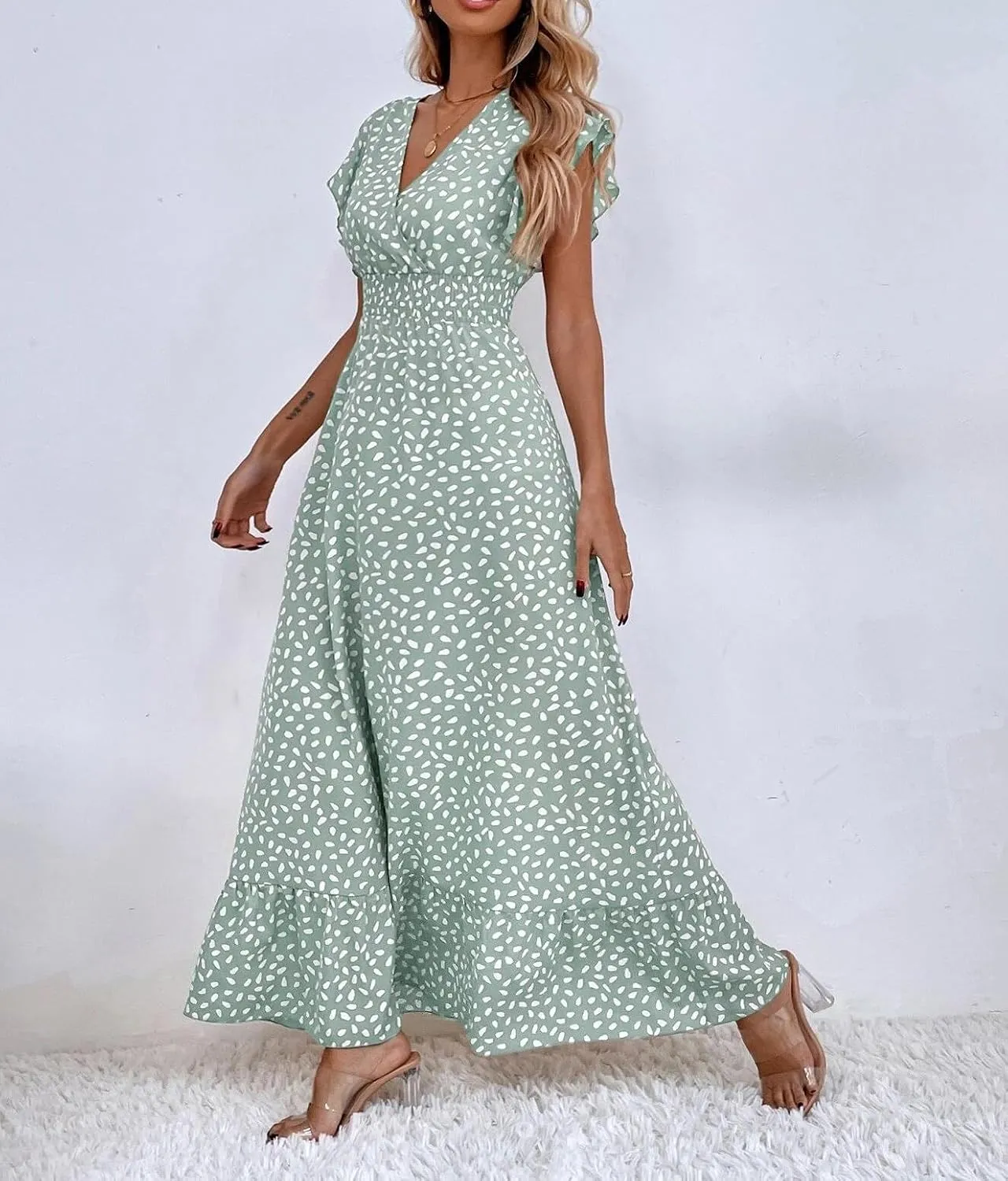 Womens Maxi Dress Ruffle Petal Short Sleeve V Neck Floral Summer Beach Holiday Sundress Casual Long Dress