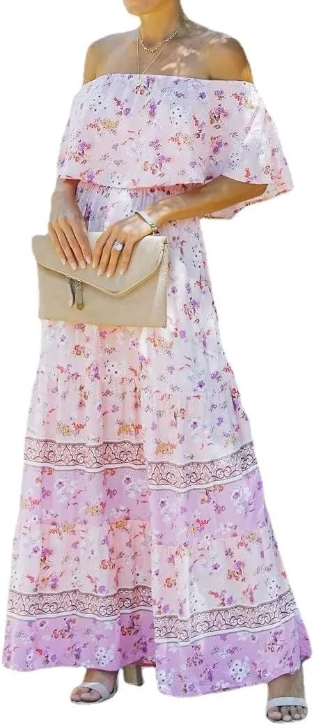 Women's Mexican Off Shoulder Maxi Dress Summer Loose Floral Print Ruffle Neck Sleeveless Beach Vacation Maxi Dress