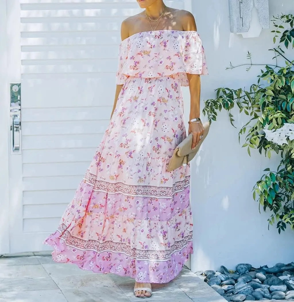 Women's Mexican Off Shoulder Maxi Dress Summer Loose Floral Print Ruffle Neck Sleeveless Beach Vacation Maxi Dress