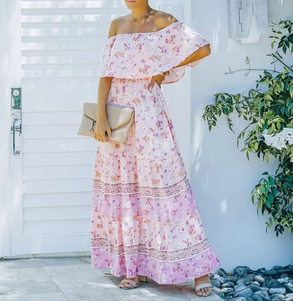 Women's Mexican Off Shoulder Maxi Dress Summer Loose Floral Print Ruffle Neck Sleeveless Beach Vacation Maxi Dress