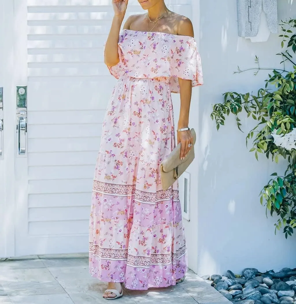 Women's Mexican Off Shoulder Maxi Dress Summer Loose Floral Print Ruffle Neck Sleeveless Beach Vacation Maxi Dress