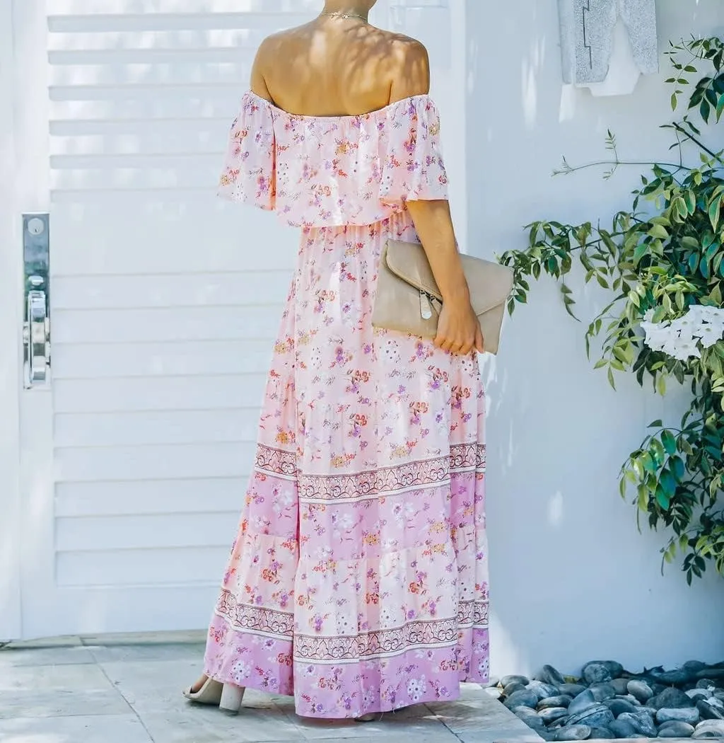 Women's Mexican Off Shoulder Maxi Dress Summer Loose Floral Print Ruffle Neck Sleeveless Beach Vacation Maxi Dress