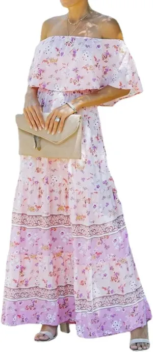 Women's Mexican Off Shoulder Maxi Dress Summer Loose Floral Print Ruffle Neck Sleeveless Beach Vacation Maxi Dress
