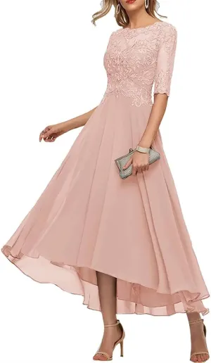Women's Mother of The Bride Dresses for Wedding Tea Length V-Neck Lace Chiffon Evening Gown Half Sleeves
