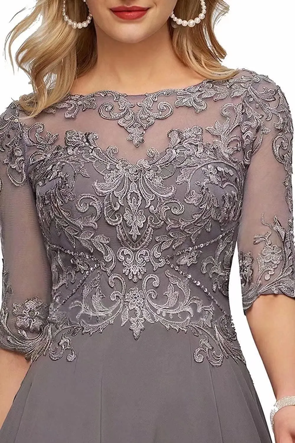 Women's Mother of The Bride Dresses for Wedding Tea Length V-Neck Lace Chiffon Evening Gown Half Sleeves