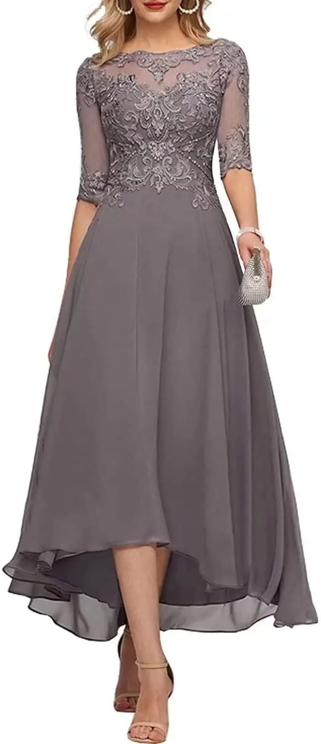 Women's Mother of The Bride Dresses for Wedding Tea Length V-Neck Lace Chiffon Evening Gown Half Sleeves