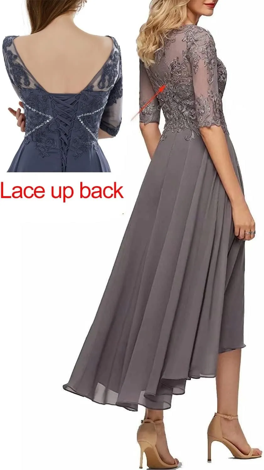 Women's Mother of The Bride Dresses for Wedding Tea Length V-Neck Lace Chiffon Evening Gown Half Sleeves