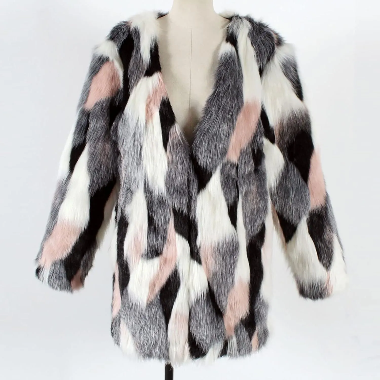 Womens Multicolor Faux Fur Coat Winter Warm Open Front Cardigan Faux Furry Outwear Oversized Jacket Overcoat