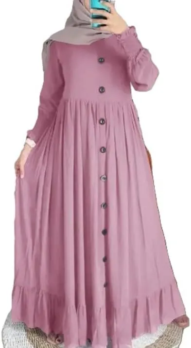 Womens Muslim Maxi Pleated Dress Abaya Loose Fit Long Sleeve Trendy Boho Dubai Sun Dress Button Down