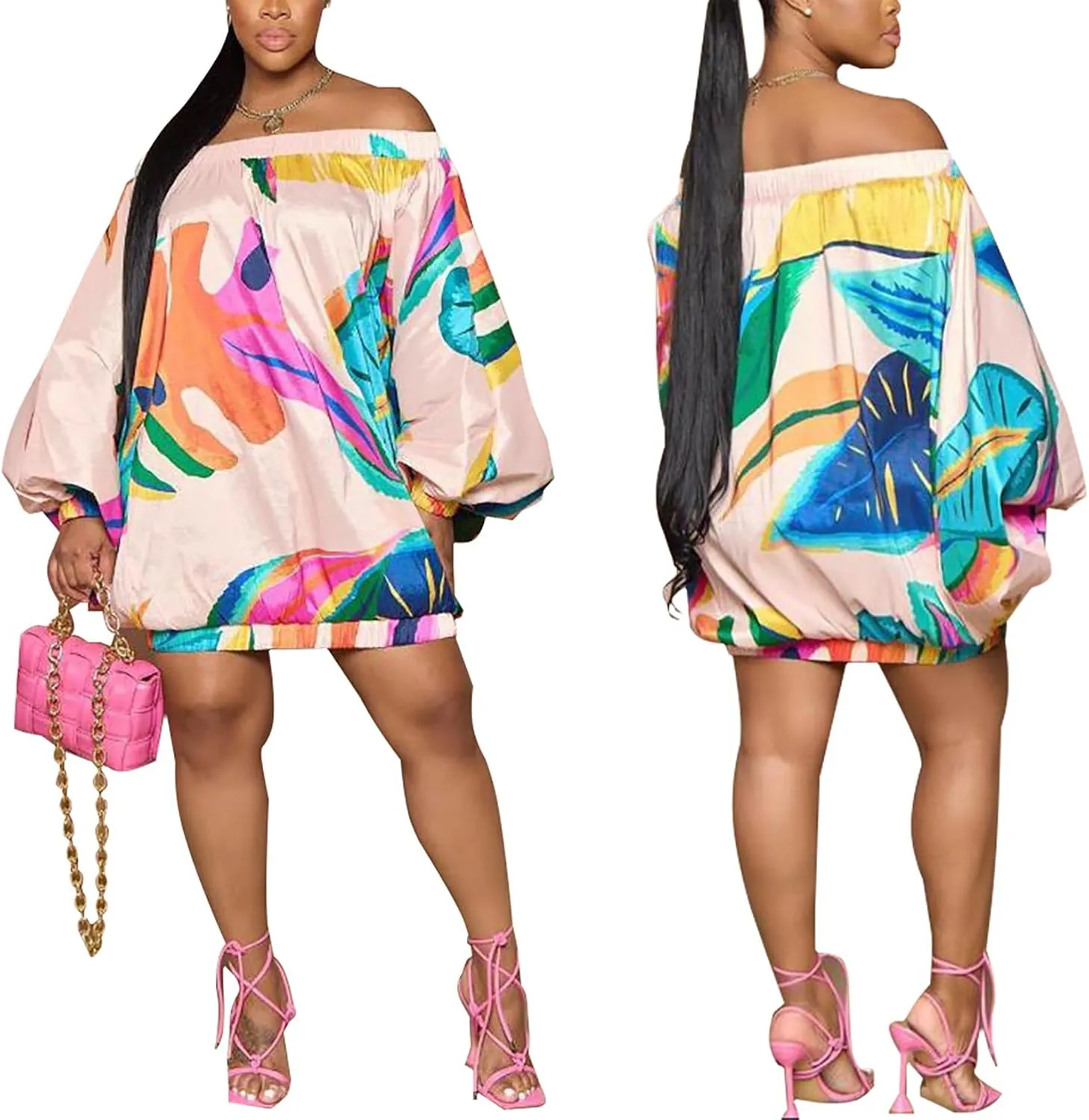 Women's Off Shoulder T Shirt Dress Floral Print Batwing Long Sleeve Plus Size Party Club Mini Dress