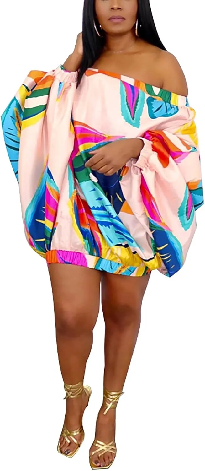 Women's Off Shoulder T Shirt Dress Floral Print Batwing Long Sleeve Plus Size Party Club Mini Dress