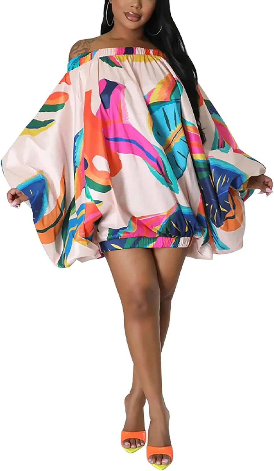 Women's Off Shoulder T Shirt Dress Floral Print Batwing Long Sleeve Plus Size Party Club Mini Dress
