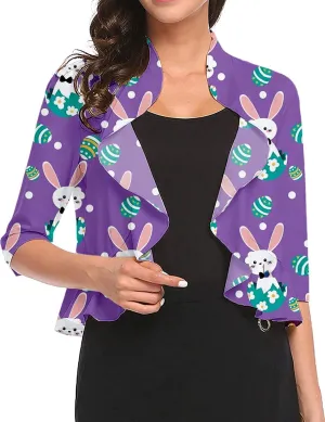 Women's Open Front Cropped Cardigan 3/4 Sleeve Casual Shrugs Jacket Draped Ruffles Bolero Cardigan