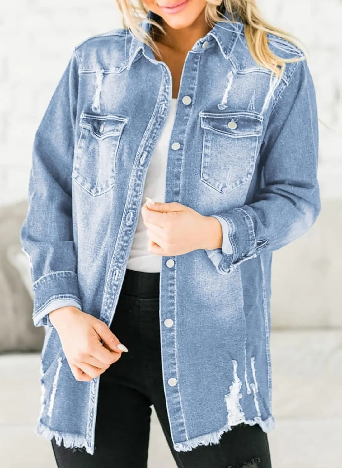 Women's Oversized Denim Jacket Casual Long Sleeve Denim Shirts Distresse Jean Jacket 2025 Spring Outfits