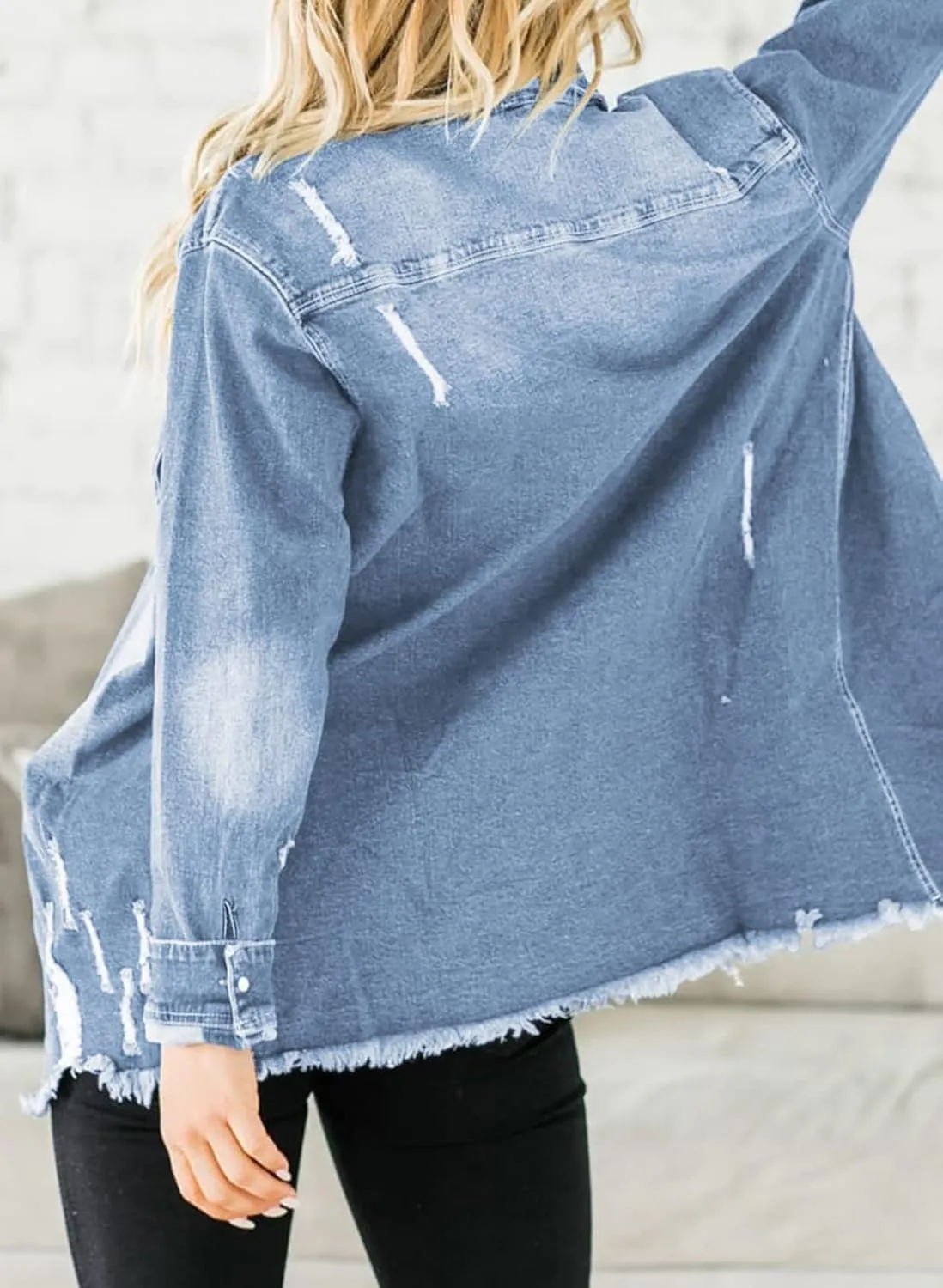 Women's Oversized Denim Jacket Casual Long Sleeve Denim Shirts Distresse Jean Jacket 2025 Spring Outfits