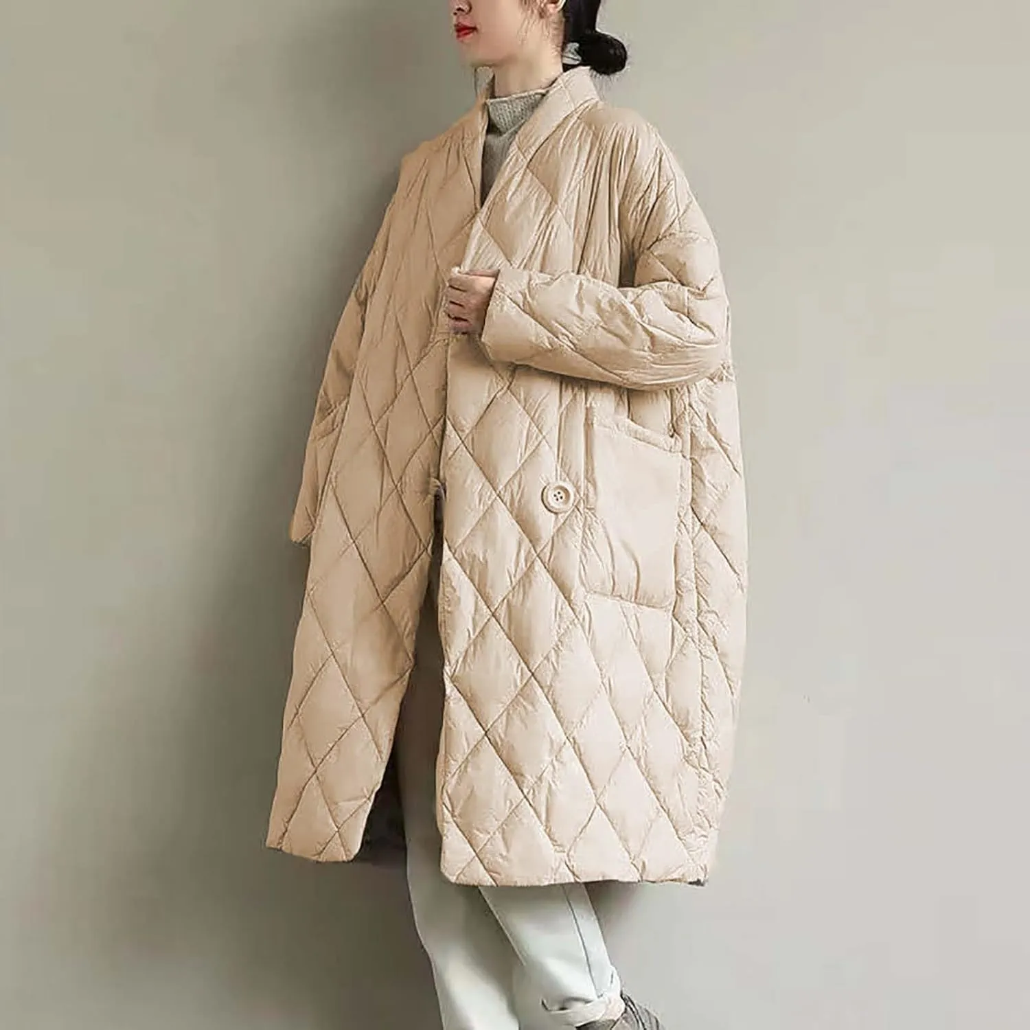 Women's Oversized Padded Puffer Quilted Jackets Button Up Lightweight Warm Padding Down Long Overcoats with Pockets