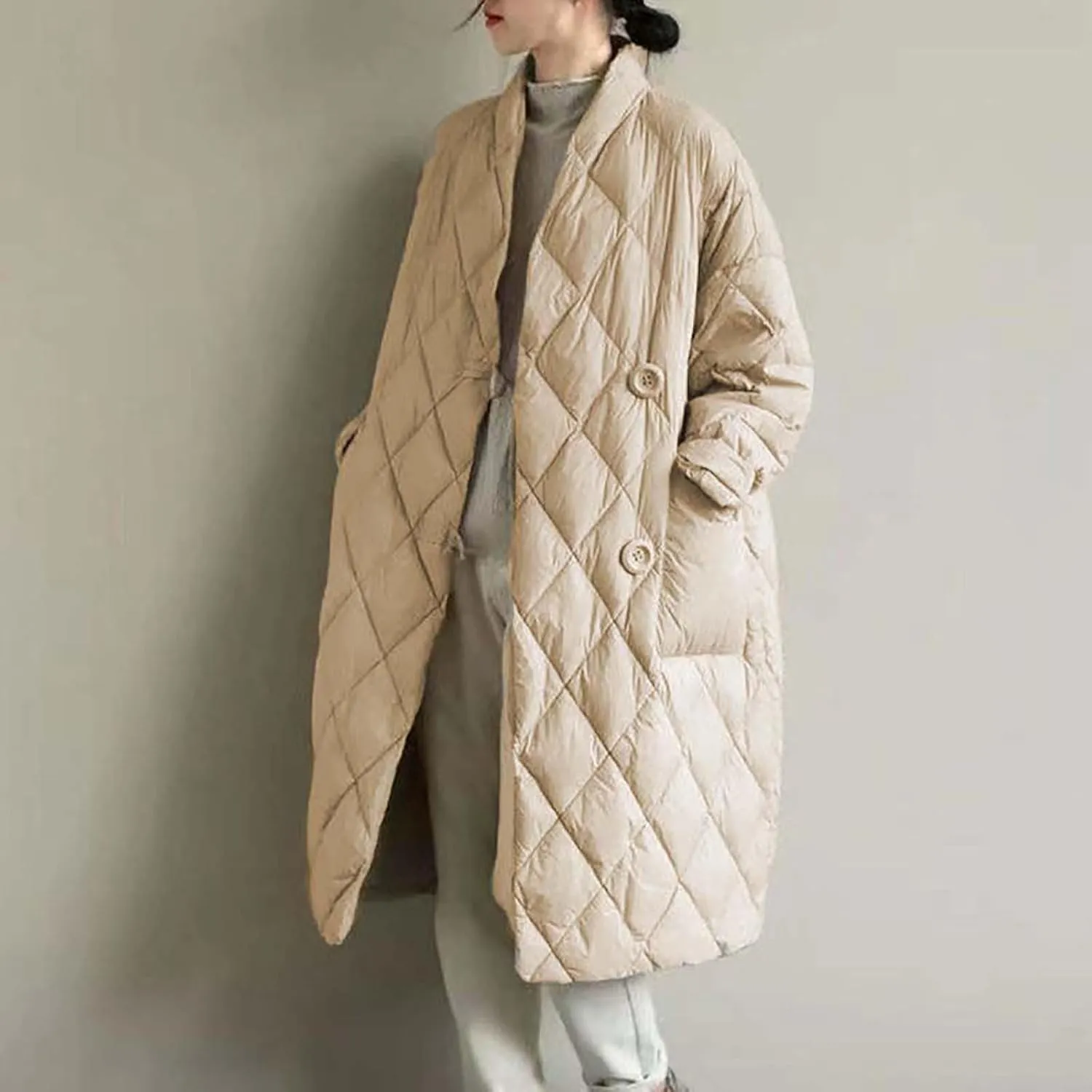 Women's Oversized Padded Puffer Quilted Jackets Button Up Lightweight Warm Padding Down Long Overcoats with Pockets