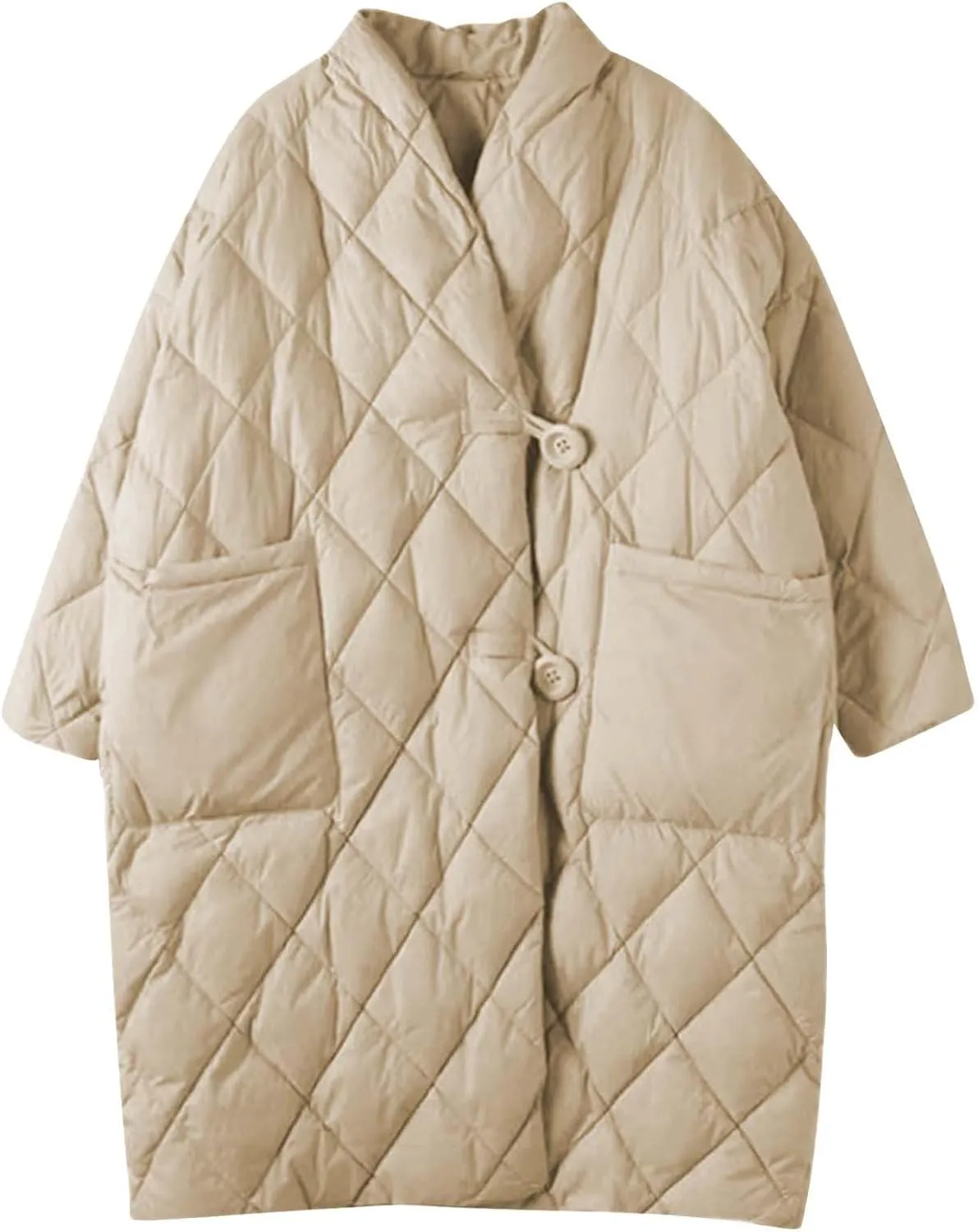Women's Oversized Padded Puffer Quilted Jackets Button Up Lightweight Warm Padding Down Long Overcoats with Pockets