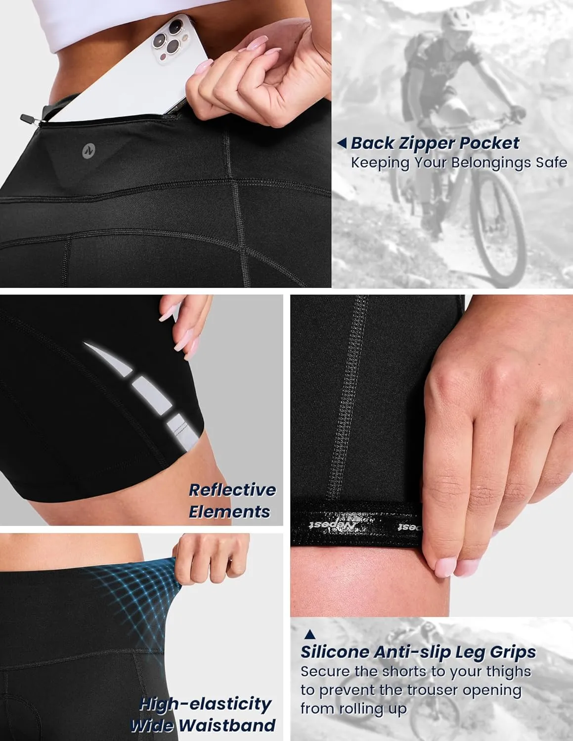 Womens Padded Bike Shorts 4D Padding Cycling Shorts with Zipper Pocket Riding Bicycle Cycle Road Biking Underwear