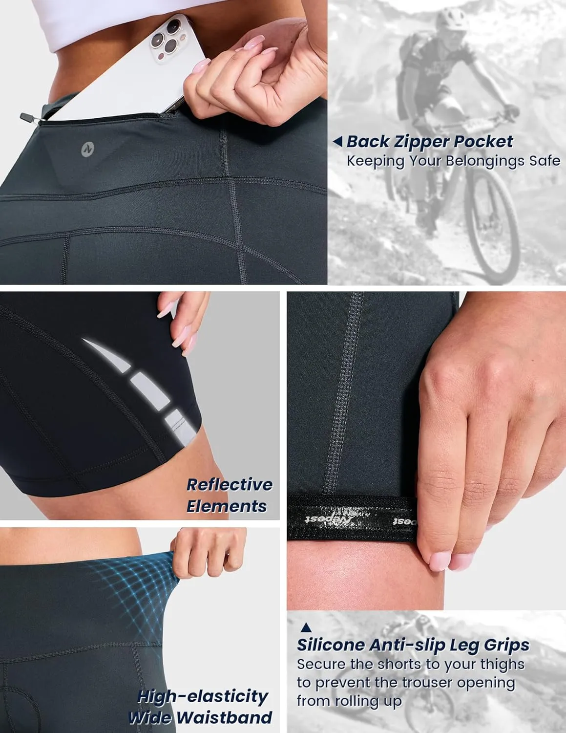Womens Padded Bike Shorts 4D Padding Cycling Shorts with Zipper Pocket Riding Bicycle Cycle Road Biking Underwear