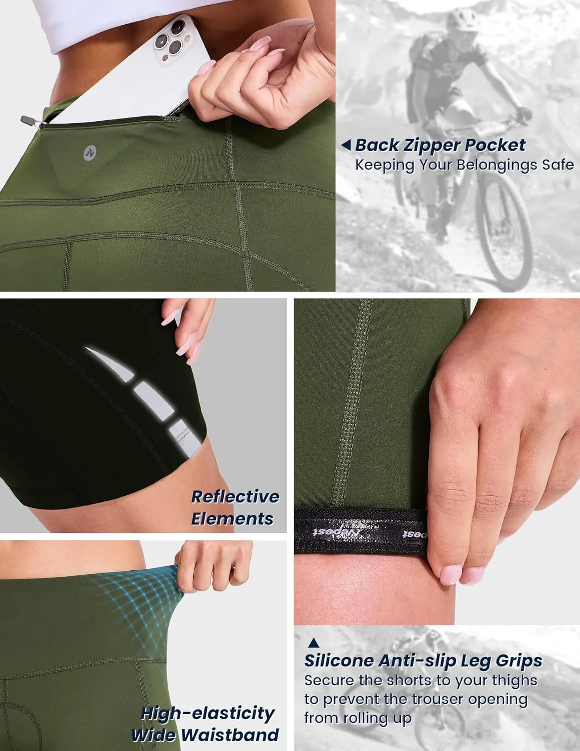 Womens Padded Bike Shorts 4D Padding Cycling Shorts with Zipper Pocket Riding Bicycle Cycle Road Biking Underwear