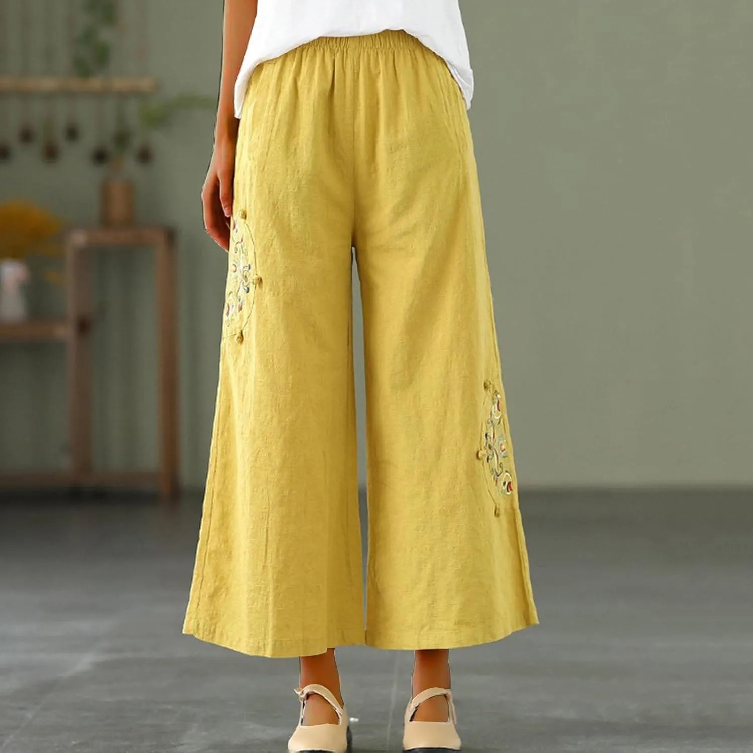 Women's Palazzo Pants Casual Plus Size Linen Wide Leg Pants Baggy Ankle Length Floral Embroidered Pants with Pockets