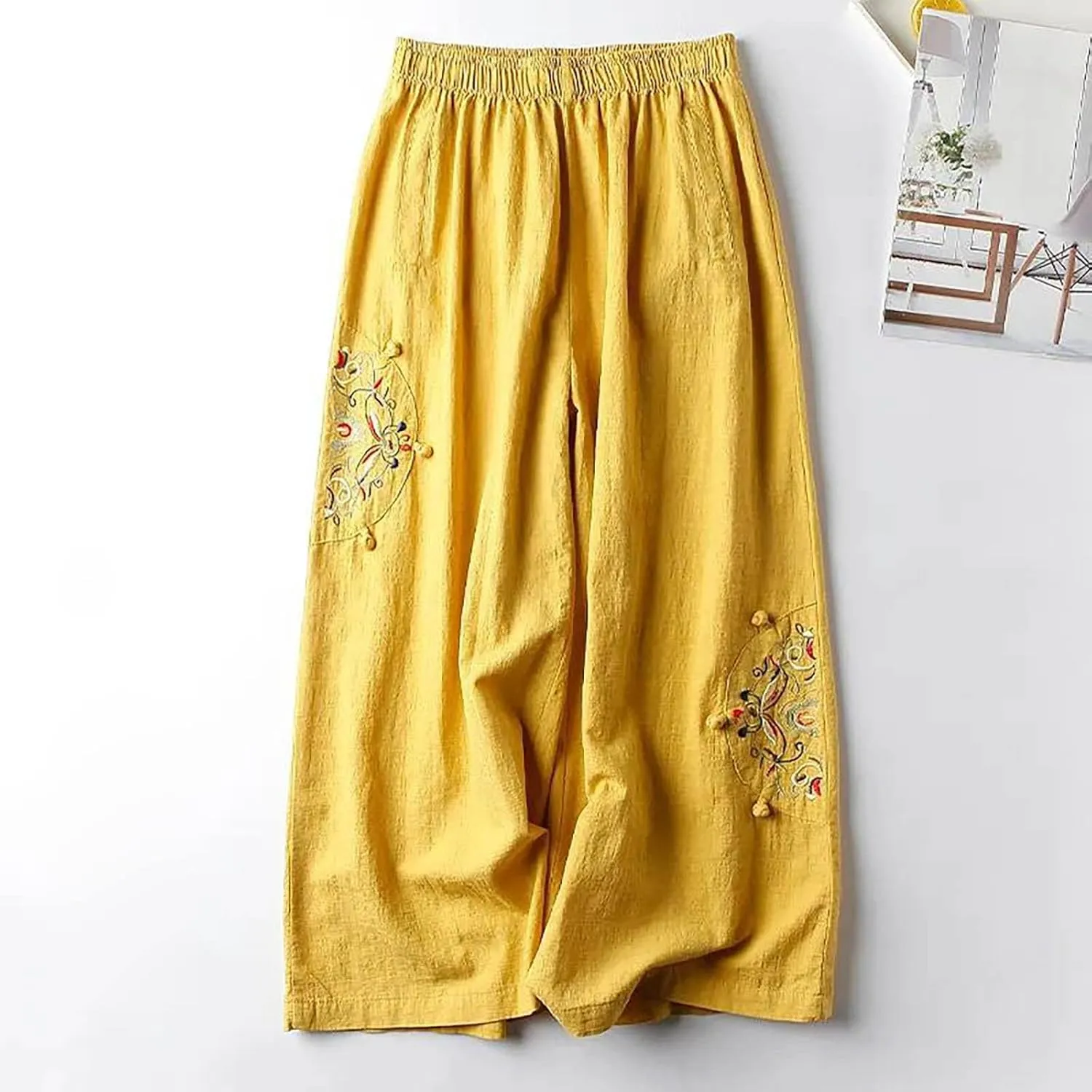 Women's Palazzo Pants Casual Plus Size Linen Wide Leg Pants Baggy Ankle Length Floral Embroidered Pants with Pockets