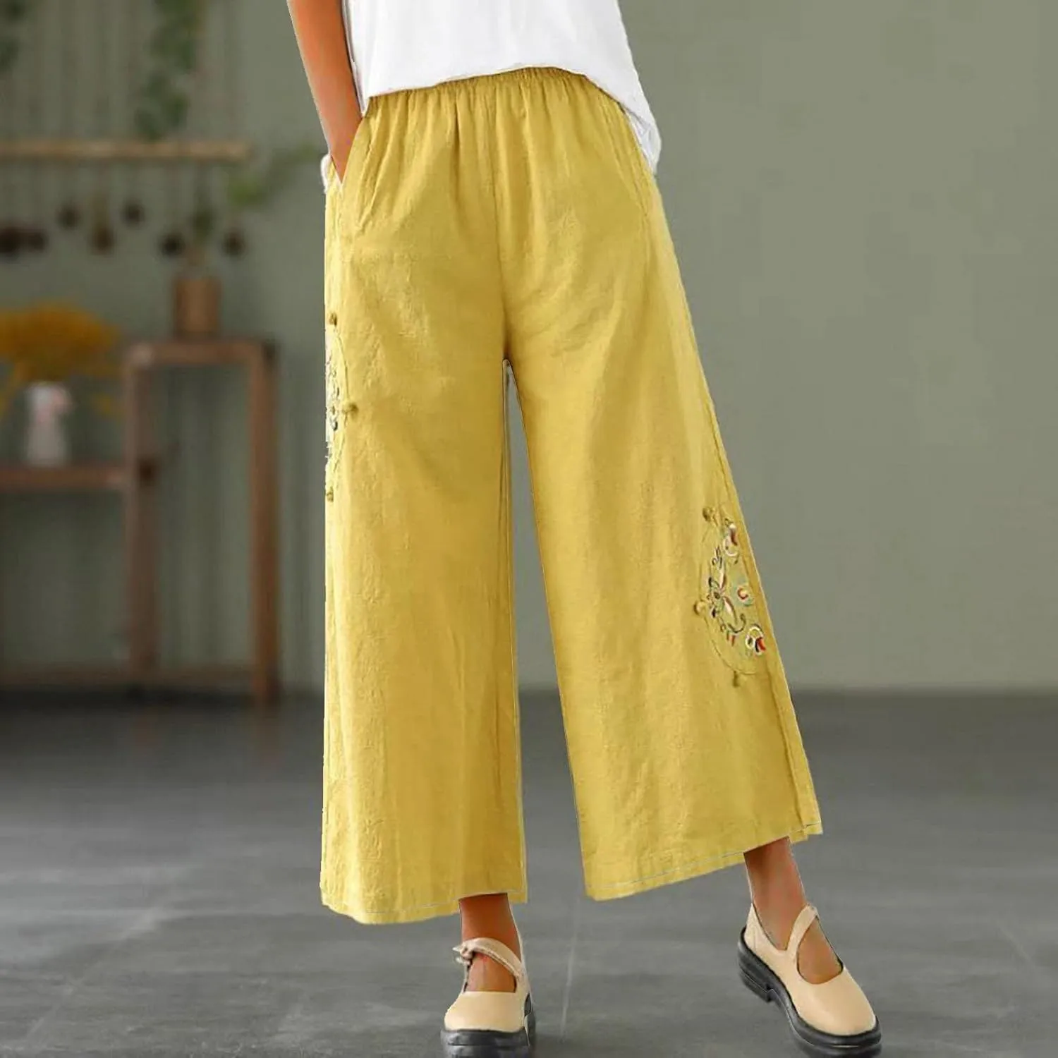 Women's Palazzo Pants Casual Plus Size Linen Wide Leg Pants Baggy Ankle Length Floral Embroidered Pants with Pockets
