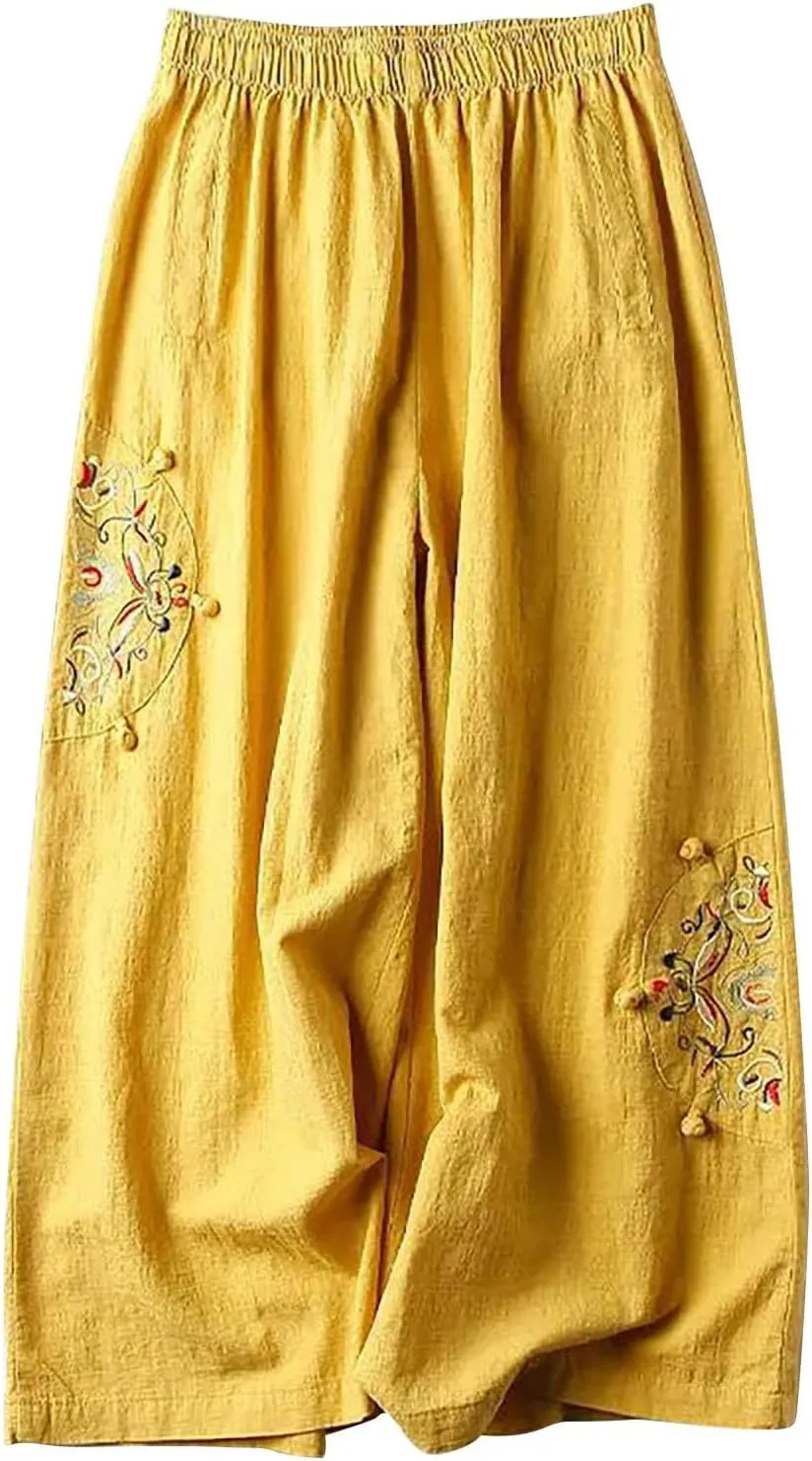 Women's Palazzo Pants Casual Plus Size Linen Wide Leg Pants Baggy Ankle Length Floral Embroidered Pants with Pockets