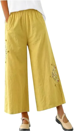 Women's Palazzo Pants Casual Plus Size Linen Wide Leg Pants Baggy Ankle Length Floral Embroidered Pants with Pockets